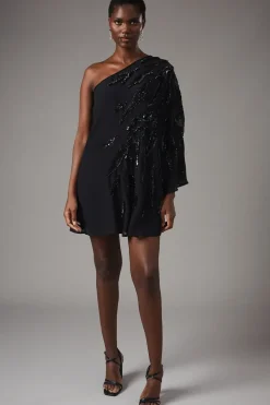 Party Sequin One Shoulder Abstract Mini Dress