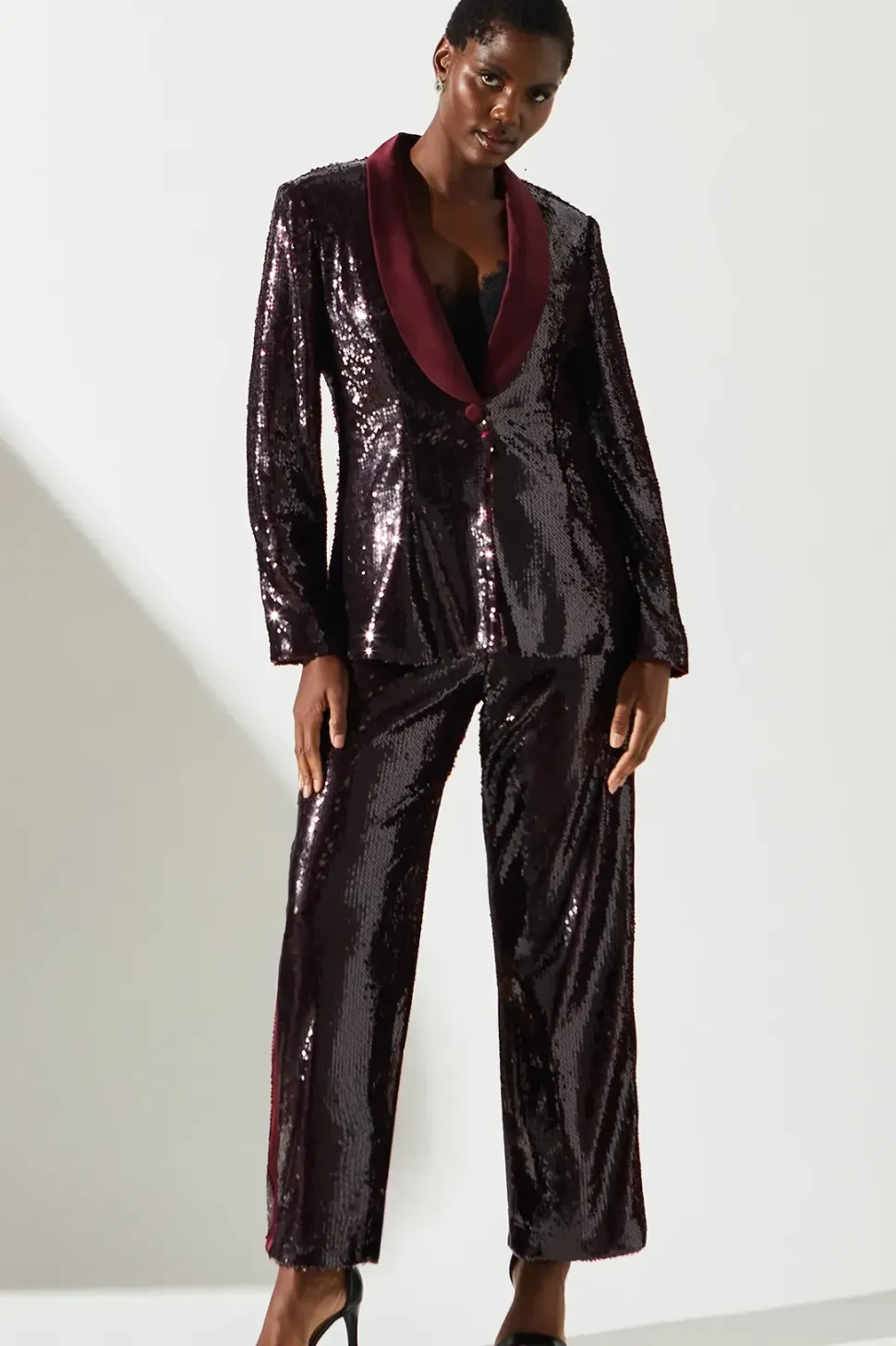 Party Sequin Satin Burgundy Blazer