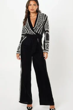 Party Velvet Embellished Long Sleeve Jumpsuit