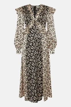 Patched Animal Satin Ruffle Shoulder Midi Dress