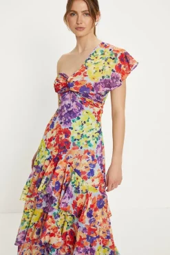 Patched Floral Asymmetric Ruffle Midi Dress