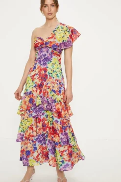 Patched Floral Asymmetric Ruffle Midi Dress
