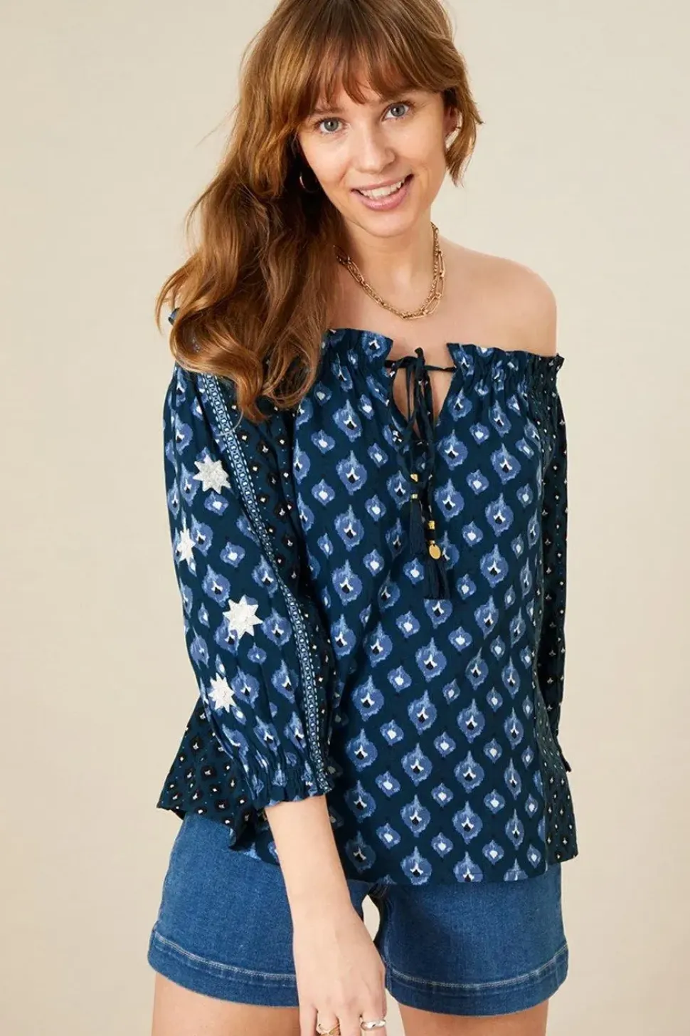 Patch Print Embellished Sleeve Bardot Top