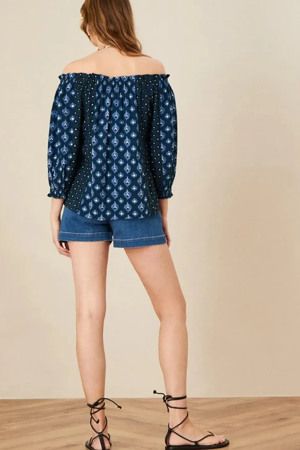 Patch Print Embellished Sleeve Bardot Top