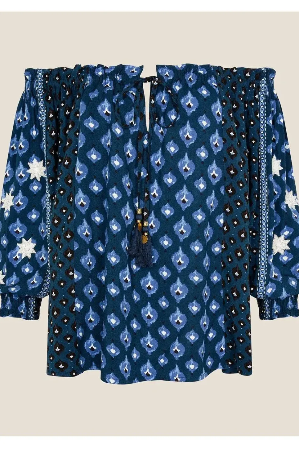 Patch Print Embellished Sleeve Bardot Top