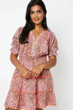 Patchwork Dobby Chiffon V Neck Trim Insert Skater Dress