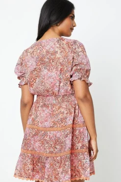 Patchwork Dobby Chiffon V Neck Trim Insert Skater Dress
