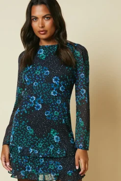 Patchwork Floral Chiffon Ruffle Hem Mini Dress
