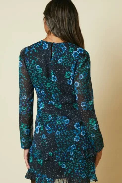 Patchwork Floral Chiffon Ruffle Hem Mini Dress
