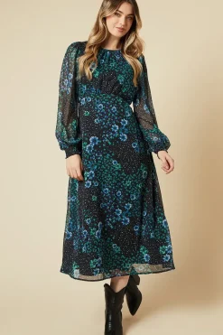 Patchwork Floral Shirred Cuff Midi Dress