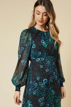 Patchwork Floral Shirred Cuff Midi Dress