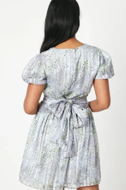 Patchwork Metallic Stripe Chiffon Bow Front Puff Sleeve Mini Dress