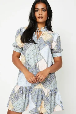 Patchwork Poly Moss Crepe Shirred Detail Puff Sleeve Mini Dress
