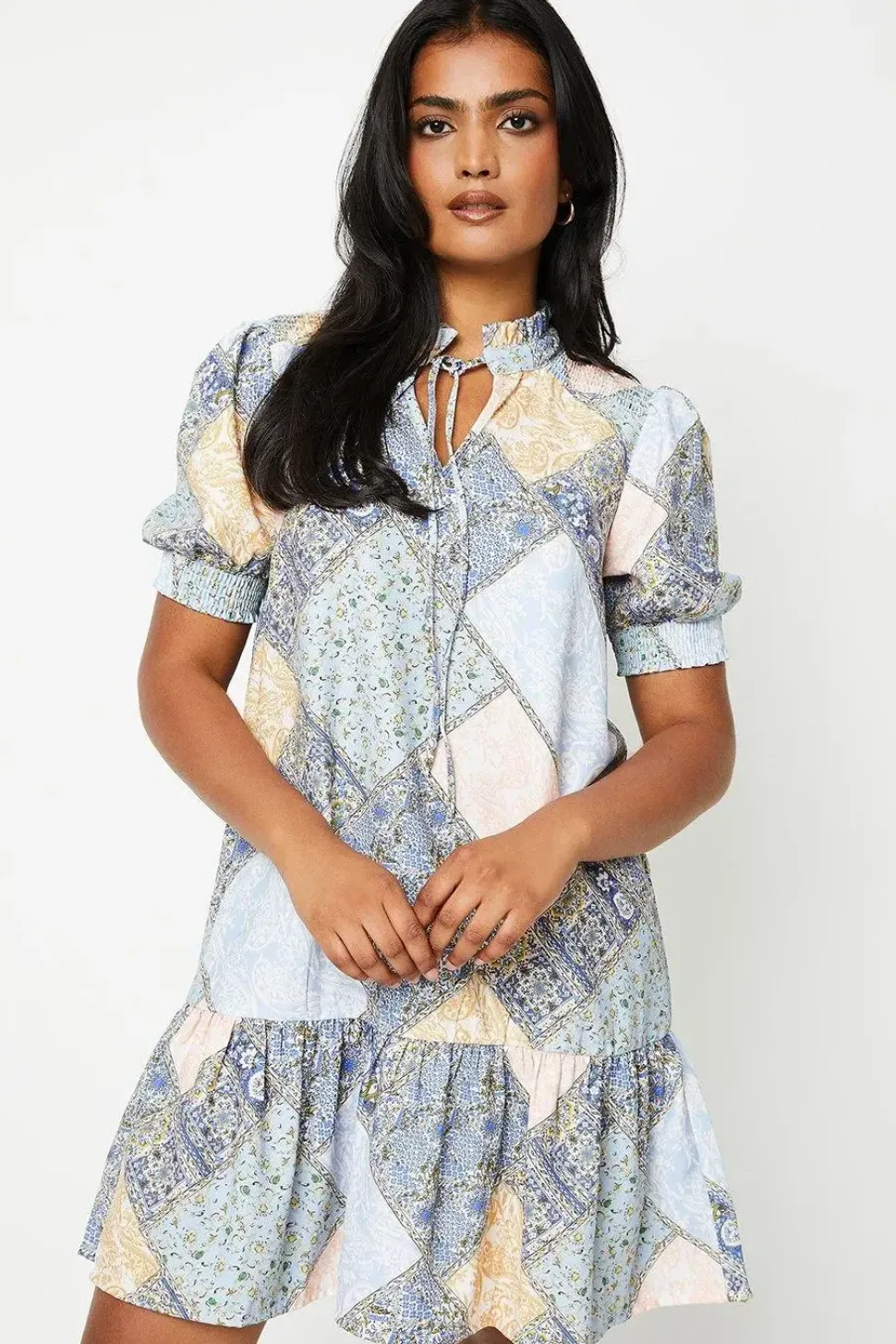 Patchwork Poly Moss Crepe Shirred Detail Puff Sleeve Mini Dress