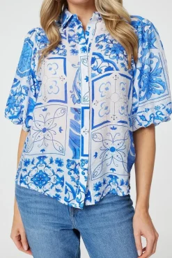 Patchwork Print 1/2 Puff Sleeve Shirt