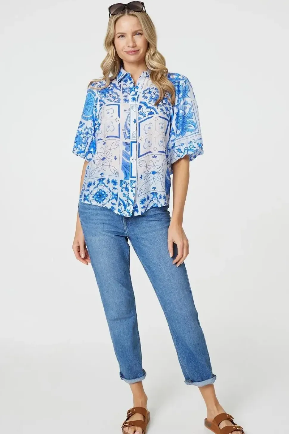 Patchwork Print 1/2 Puff Sleeve Shirt