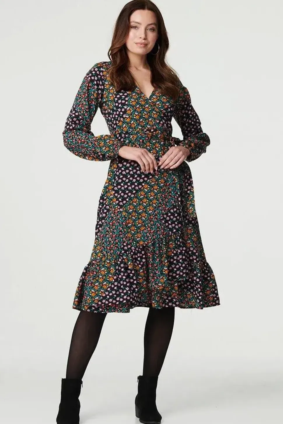 Patchwork Print Ruffled Wrap Dress