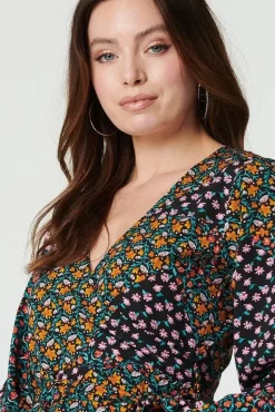 Patchwork Print Ruffled Wrap Dress
