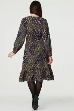 Patchwork Print Ruffled Wrap Dress
