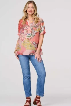 Patchwork Print 1/2 Sleeve Blouse