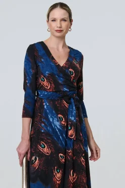 Peacock Print 3/4 Sleeve Wrap Maxi Dress