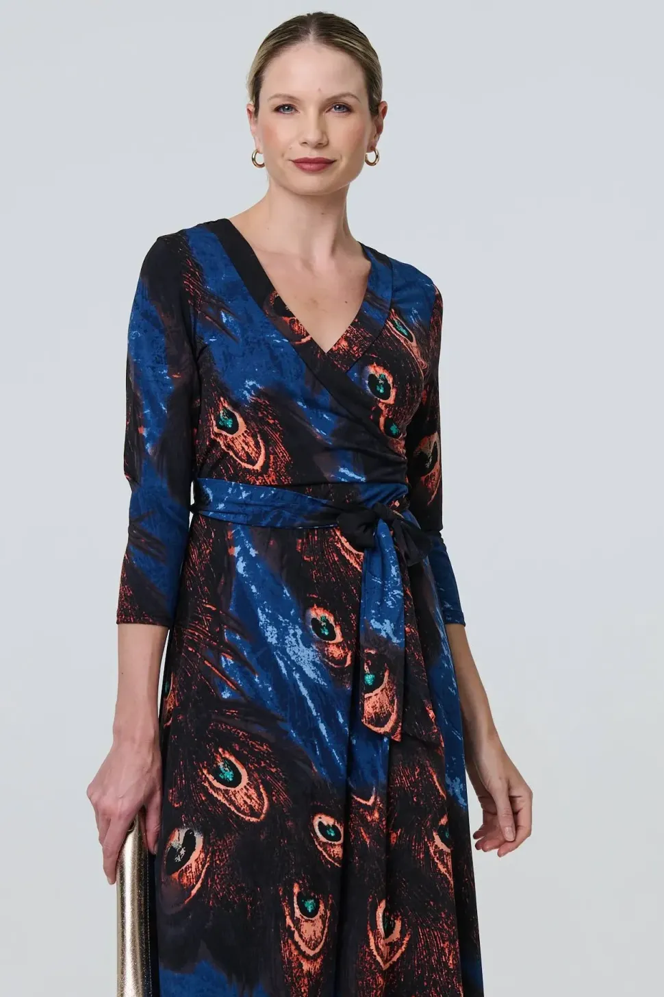 Peacock Print 3/4 Sleeve Wrap Maxi Dress