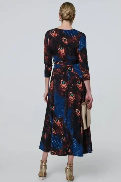 Peacock Print 3/4 Sleeve Wrap Maxi Dress