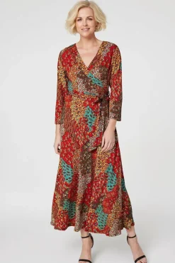 Peacock Print Wrap Maxi Dress