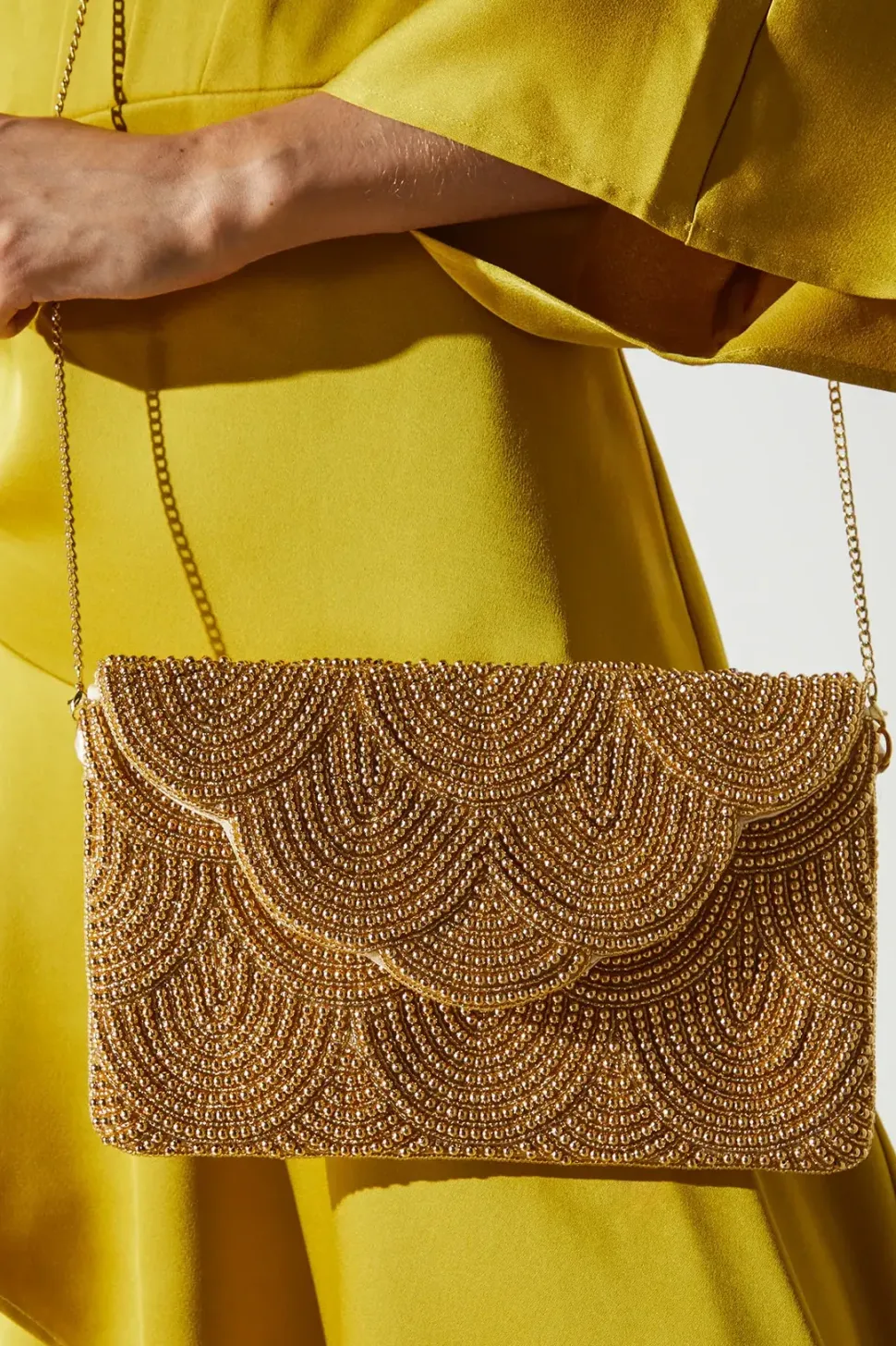 Pearl Beaded Scallop Clutch Bag With Shoulder Strap