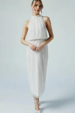 Pearl Detail High Neck Embellished Bridal Midi Dress