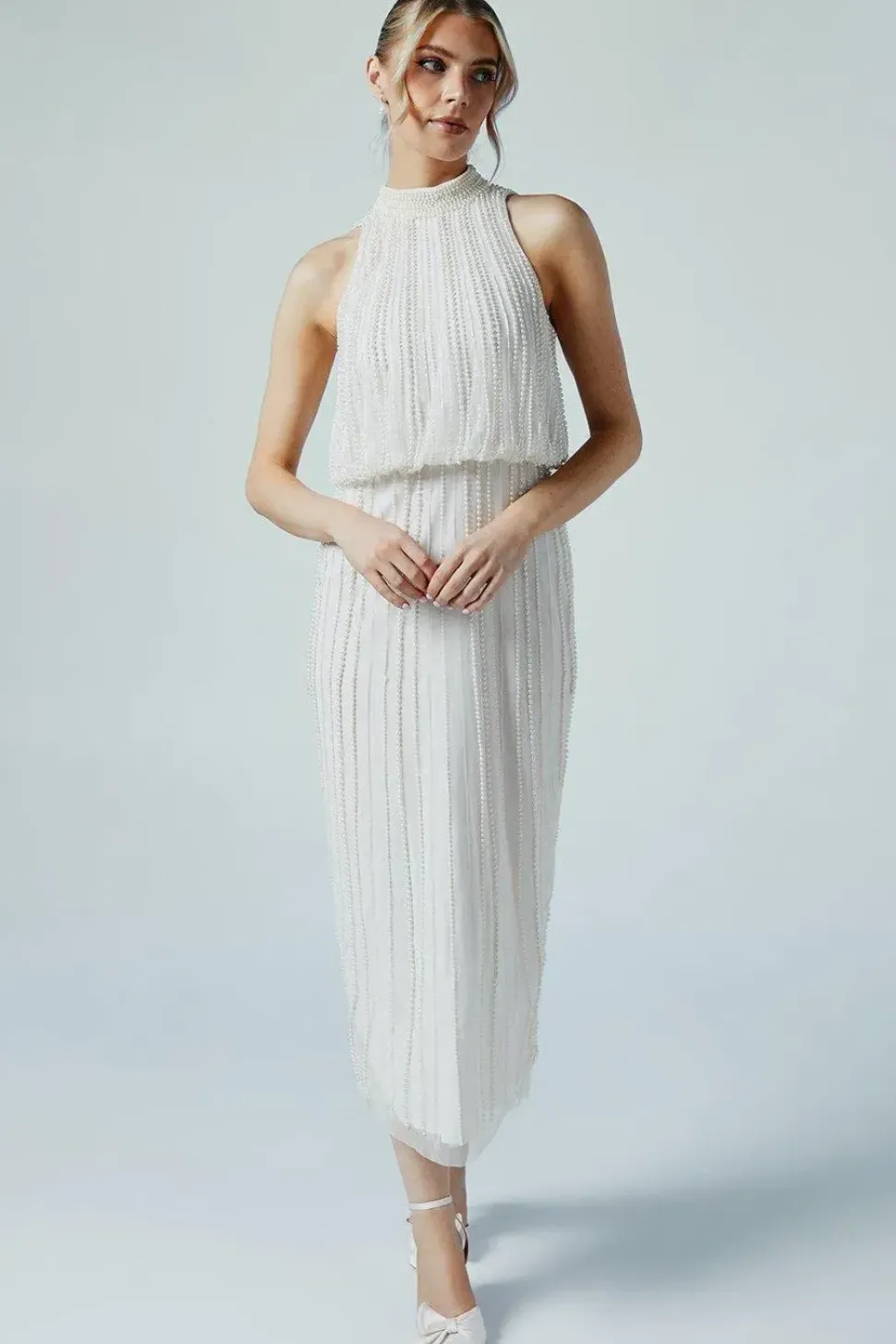 Pearl Detail High Neck Embellished Bridal Midi Dress
