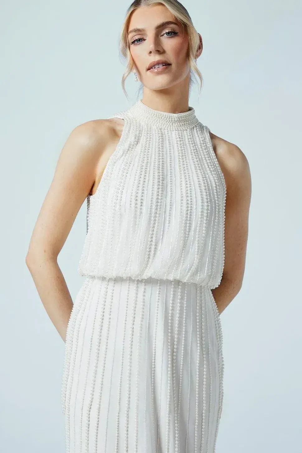 Pearl Detail High Neck Embellished Bridal Midi Dress