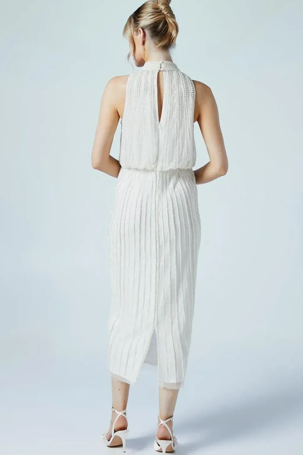 Pearl Detail High Neck Embellished Bridal Midi Dress
