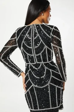 Pearl Detail Mini Dress With Long Sleeve