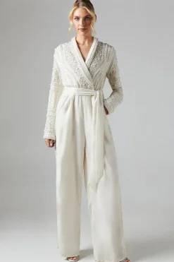 Pearl Embellished Bodice Velvet Bridal Jumpsuit