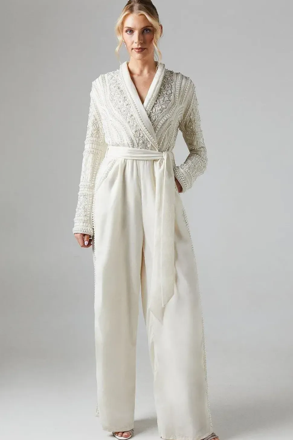 Pearl Embellished Bodice Velvet Bridal Jumpsuit