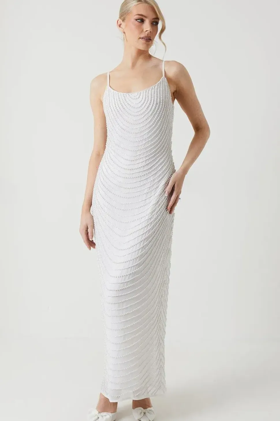 Pearl Embellished Cowl Neck Wedding Dress