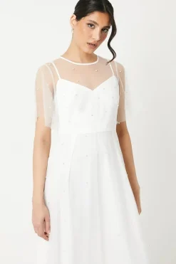 Pearl Embellished Mesh Wedding Dress