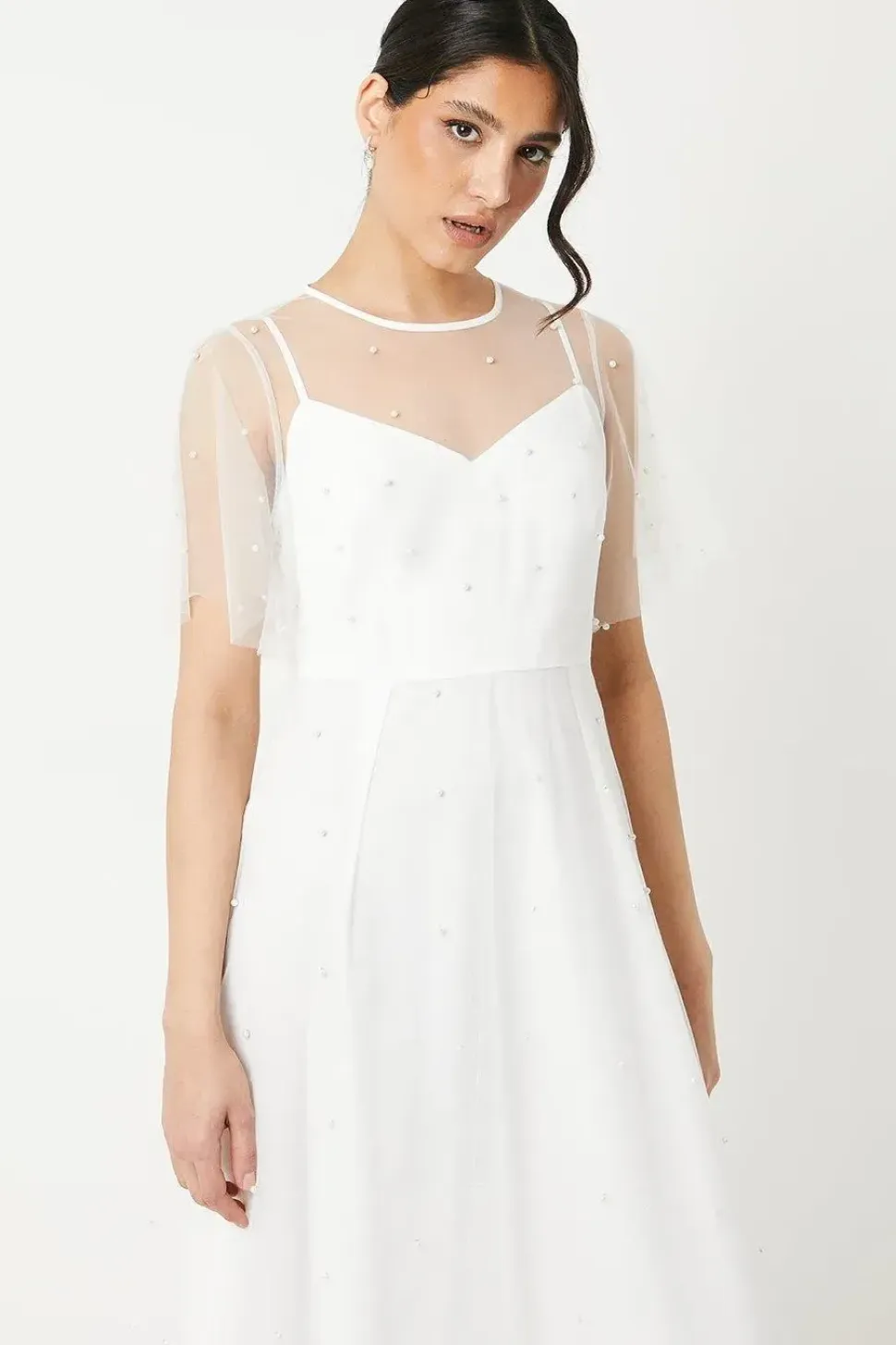 Pearl Embellished Mesh Wedding Dress