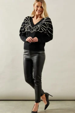 Pearl Embellished V Neck Knitted Jumper