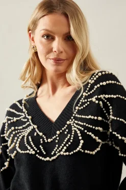 Pearl Embellished V Neck Knitted Jumper