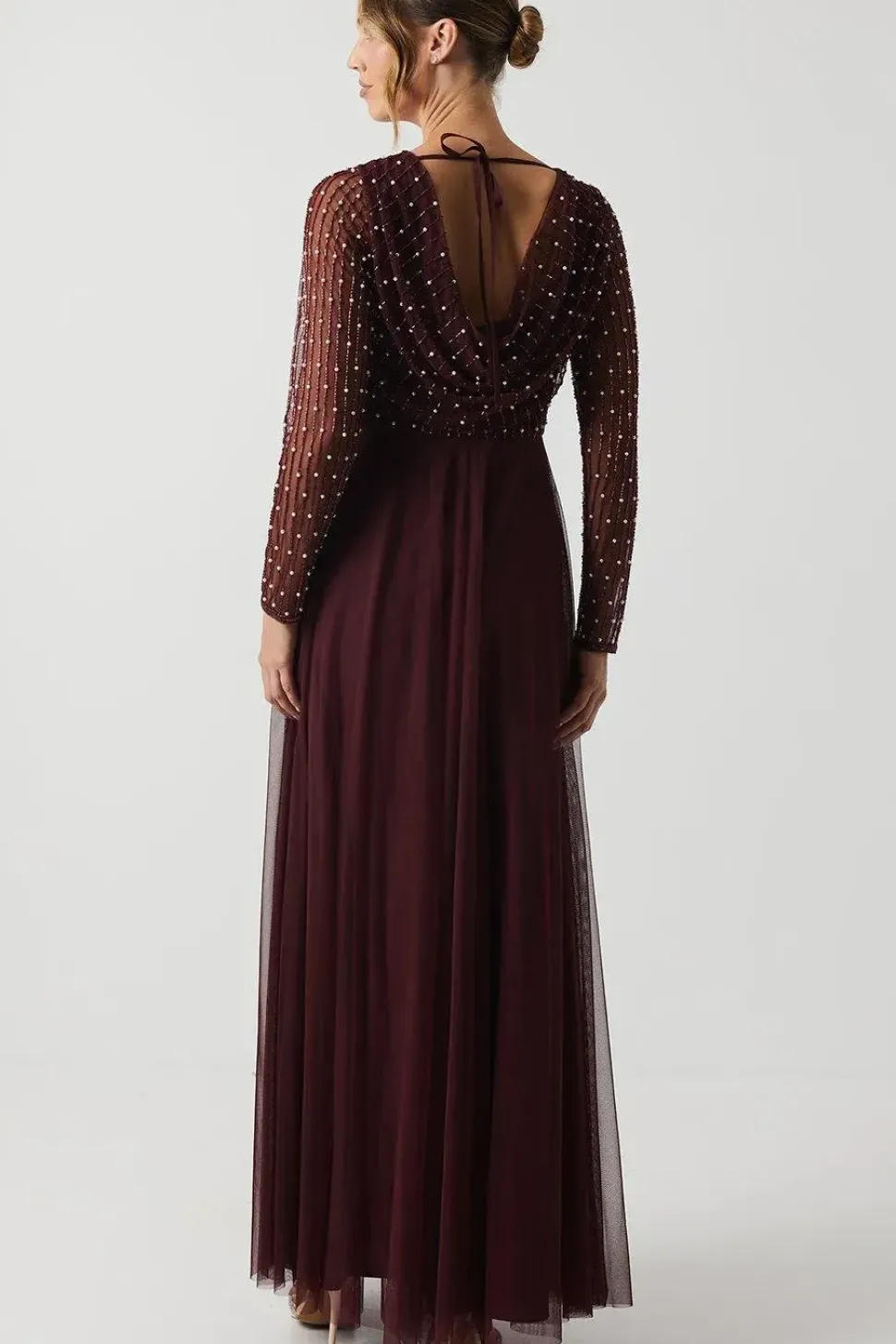 Pearl Geometric Cowl Back Long Sleeve Bridesmaid Dress