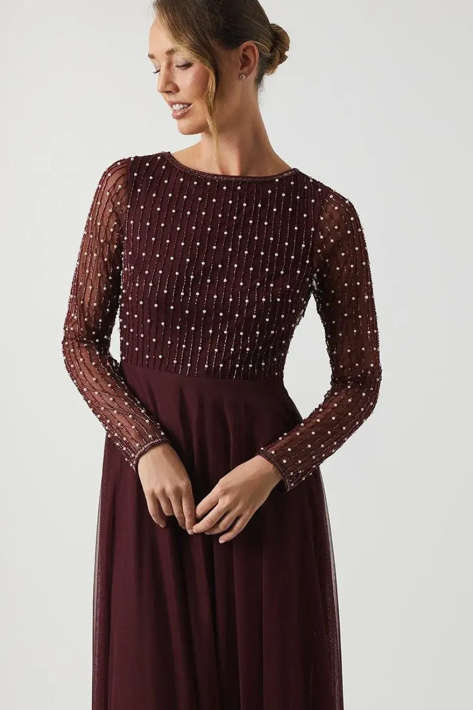 Pearl Geometric Cowl Back Long Sleeve Bridesmaid Dress