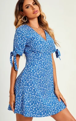 Peaty Floral Dot Print Mini Wrap Dress In Blue