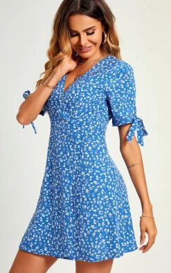 Peaty Floral Dot Print Mini Wrap Dress In Blue