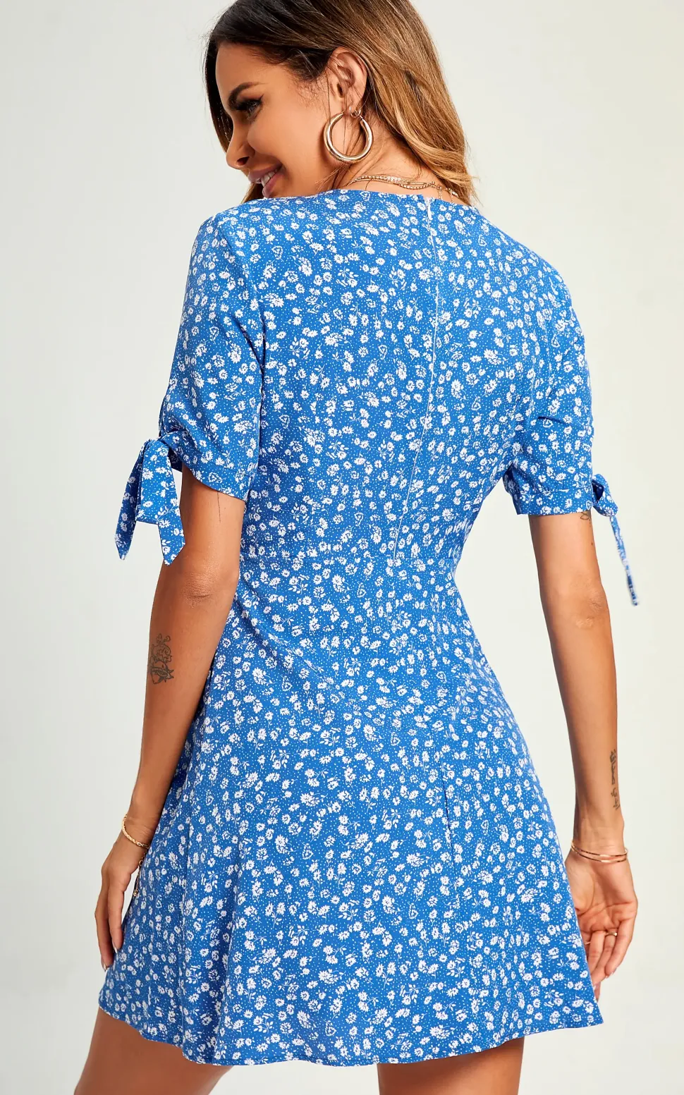 Peaty Floral Dot Print Mini Wrap Dress In Blue
