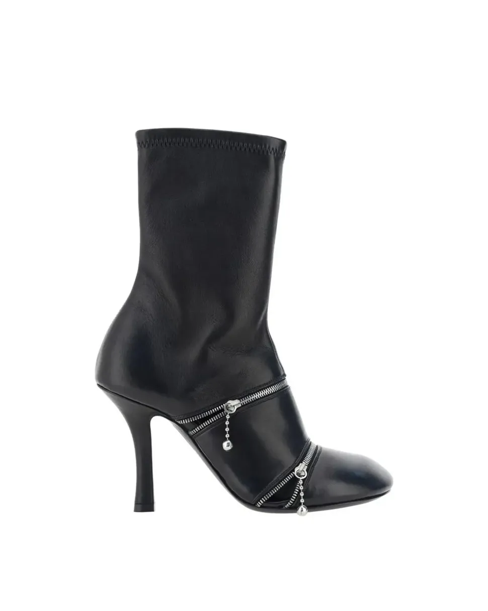 Peep Heeled Ankle Boots with Leather Stiletto Heel and Zipper Detail