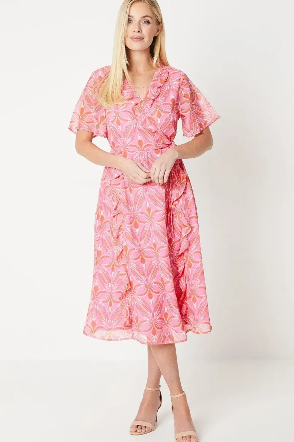 Petite Abstract Print Flutter Sleeve Ruffle Midi Dress