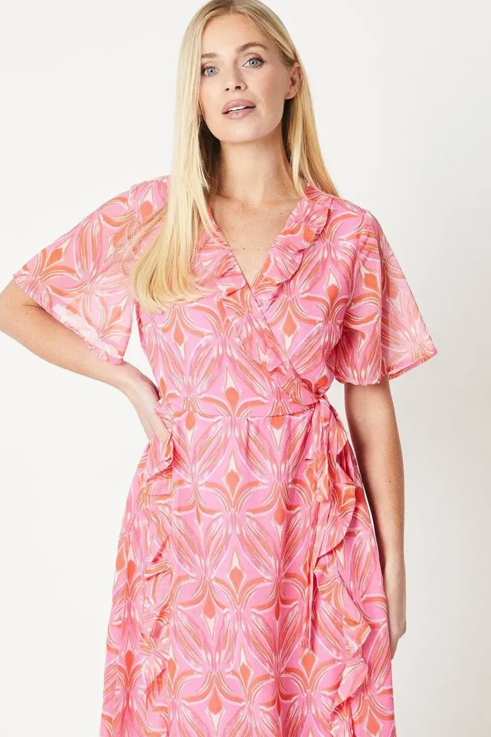 Petite Abstract Print Flutter Sleeve Ruffle Midi Dress