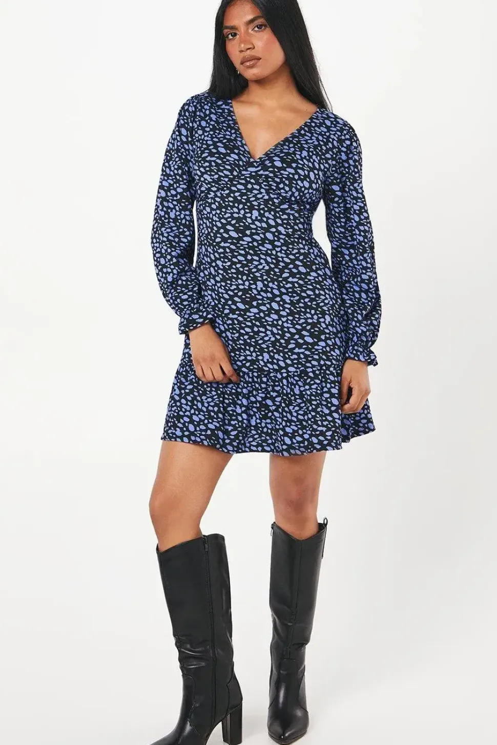 Petite Abstract Ruffle Hem Mini Dress